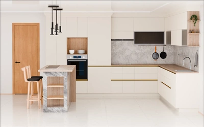 Кухня «Велия» 4,6 × 4 м в цвете светлая дюна / Sahara Cream 3019 ракурс 2