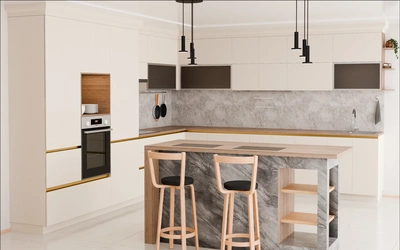 Кухня «Велия» 4,6 × 4 м в цвете светлая дюна / Sahara Cream 3019 ракурс 3