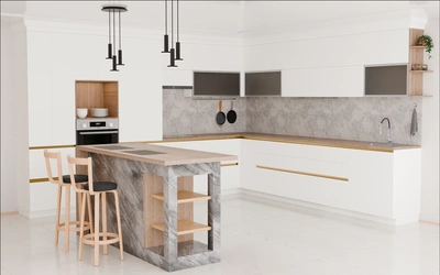 Кухня «Велия» 4,6 × 4 м в цвете белый / Soft Touch White 734 ракурс 1