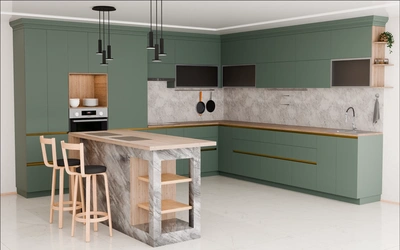 Кухня «Велия» 4,6 × 4 м в цвете лесной зелёный / Forest Green 3027 ракурс 1