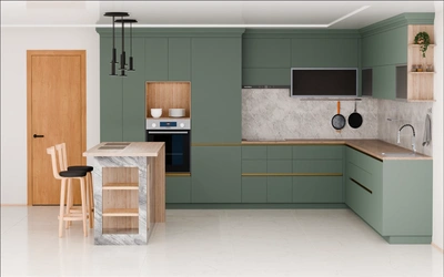 Кухня «Велия» 4,6 × 4 м в цвете лесной зелёный / Forest Green 3027 ракурс 2