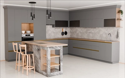 Кухня «Велия» 4,6 × 4 м в цвете графитовый серый / Royal Grey 3022 ракурс 1