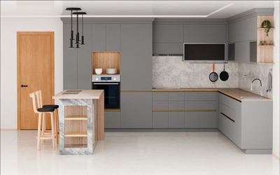 Кухня «Велия» 4,6 × 4 м в цвете графитовый серый / Royal Grey 3022 ракурс 2