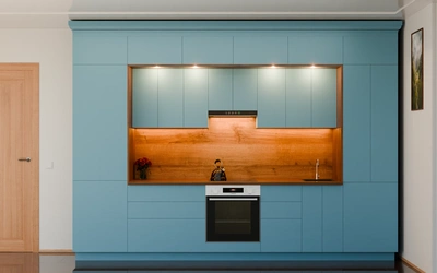 Кухня «Норви» 3,8 м в цвете океанский синий / AGT Ocean Blue 736 ракурс 3