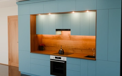 Кухня «Норви» 3,8 м в цвете океанский синий / AGT Ocean Blue 736 ракурс 2