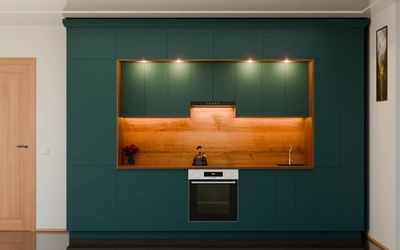 Кухня «Норви» 3,8 м в цвете тёмная морская волна / Glamorous Pacific 3029 ракурс 3