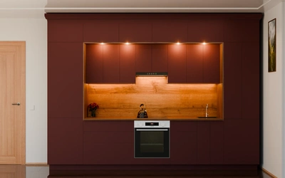 Кухня «Норви» 3,8 м в цвете тёмный терракотовый / Rustic Red 3026 ракурс 3