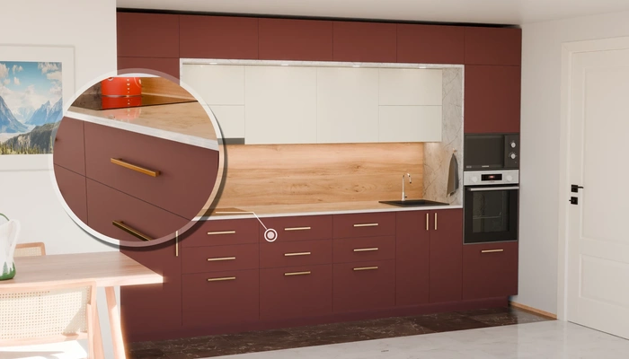 Прямая кухня «Виора» 3,5 м, фасады AGT Rustic Red 3026, детали фурнитуры