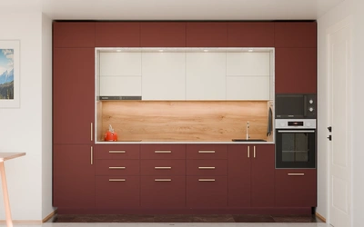 Прямая кухня «Виора» 3,5 м, фасады AGT Rustic Red 3026, вид спереди
