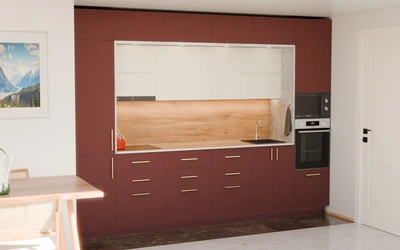 Прямая кухня «Виора» 3,5 м, фасады AGT Rustic Red 3026, вид слева