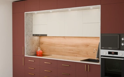 Прямая кухня «Виора» 3,5 м, фасады AGT Rustic Red 3026, вид справа