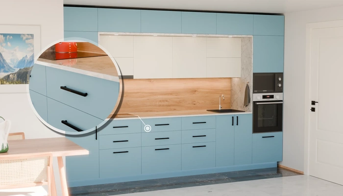 Прямая кухня «Виора» 3,5 м, фасады AGT Ocean Blue 736, детали фурнитуры