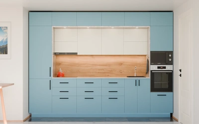 Прямая кухня «Виора» 3,5 м, фасады AGT Ocean Blue 736, вид спереди