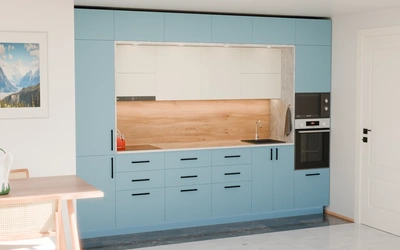 Прямая кухня «Виора» 3,5 м, фасады AGT Ocean Blue 736, вид слева