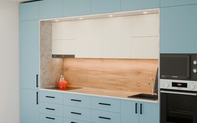 Прямая кухня «Виора» 3,5 м, фасады AGT Ocean Blue 736, вид справа