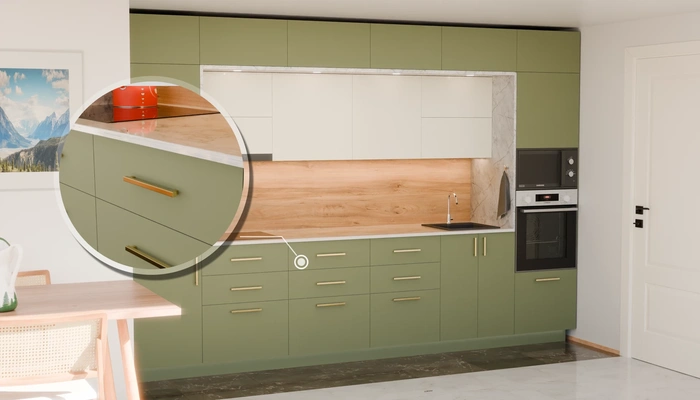 Прямая кухня «Виора» 3,5 м, фасады AGT Olive Green 3097, детали фурнитуры
