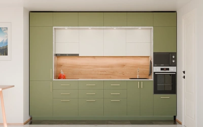 Прямая кухня «Виора» 3,5 м, фасады AGT Olive Green 3097, вид спереди