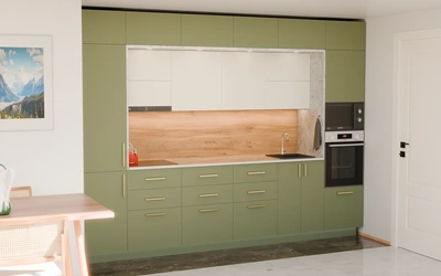 Прямая кухня «Виора» 3,5 м, фасады AGT Olive Green 3097, вид слева