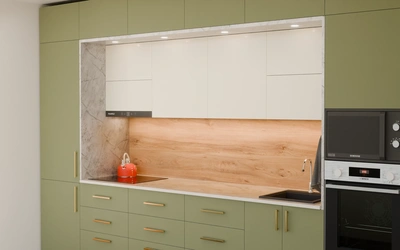 Прямая кухня «Виора» 3,5 м, фасады AGT Olive Green 3097, вид справа