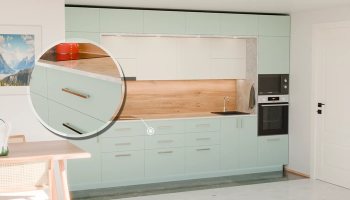 Прямая кухня «Виора» 3,5 м, фасады AGT Relax green 735, детали фурнитуры