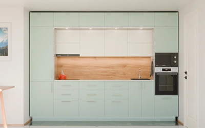 Прямая кухня «Виора» 3,5 м, фасады AGT Relax green 735, вид спереди