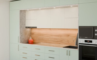 Прямая кухня «Виора» 3,5 м, фасады AGT Relax green 735, вид справа