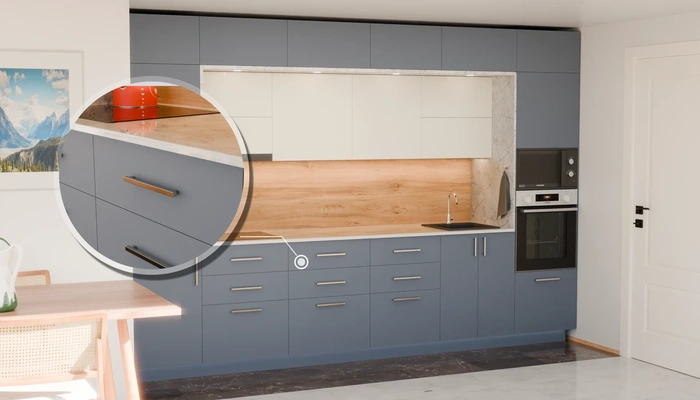 Прямая кухня «Виора» 3,5 м, фасады AGT Sky Blue 3091, детали фурнитуры