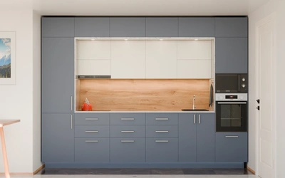 Прямая кухня «Виора» 3,5 м, фасады AGT Sky Blue 3091, вид спереди