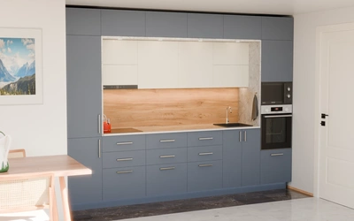 Прямая кухня «Виора» 3,5 м, фасады AGT Sky Blue 3091, вид слева