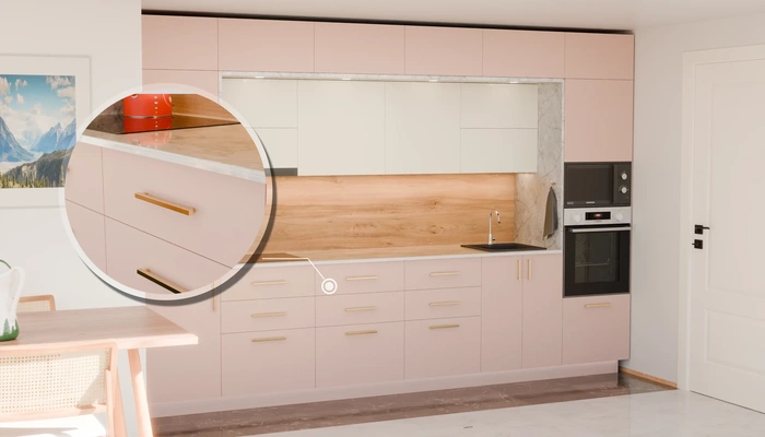 Прямая кухня «Виора» 3,5 м, фасады AGT Sakura Pink 3114, детали фурнитуры