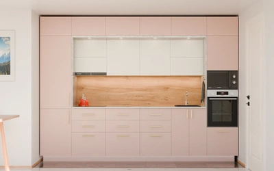 Прямая кухня «Виора» 3,5 м, фасады AGT Sakura Pink 3114, вид спереди