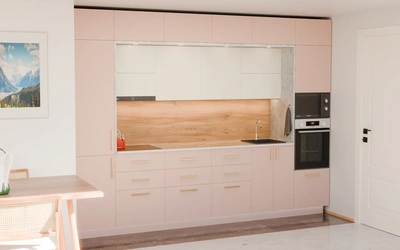 Прямая кухня «Виора» 3,5 м, фасады AGT Sakura Pink 3114, вид слева