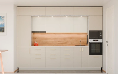 Прямая кухня «Виора» 3,5 м, фасады AGT Sahara Cream 3019, вид спереди