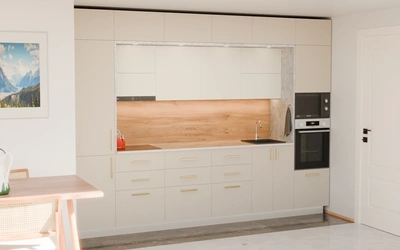 Прямая кухня «Виора» 3,5 м, фасады AGT Sahara Cream 3019, вид слева