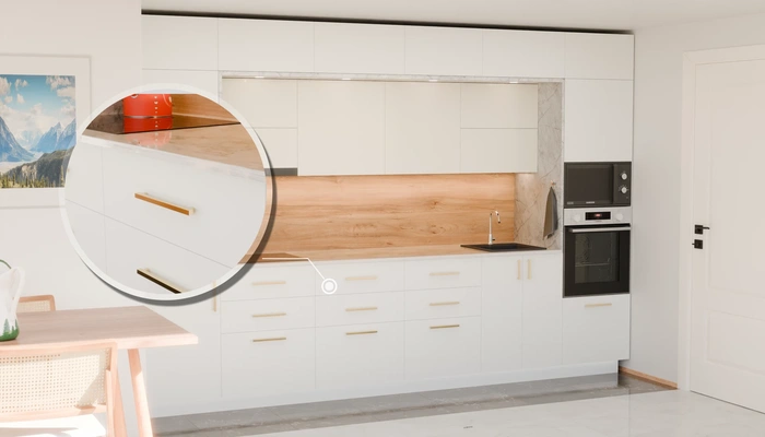 Прямая кухня «Виора» 3,5 м, фасады AGT Soft Touch White 734, детали фурнитуры