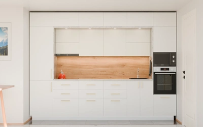 Прямая кухня «Виора» 3,5 м, фасады AGT Soft Touch White 734, вид спереди