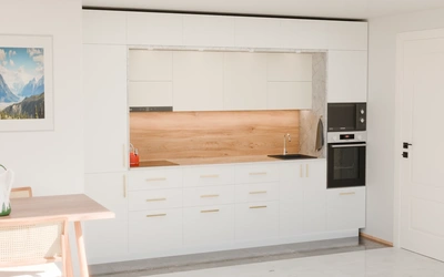 Прямая кухня «Виора» 3,5 м, фасады AGT Soft Touch White 734, вид слева