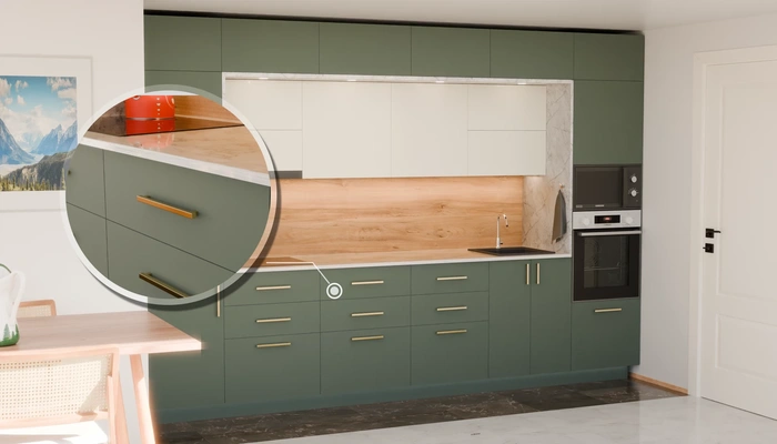 Прямая кухня «Виора» 3,5 м, фасады AGT Forest Green 3027, детали фурнитуры