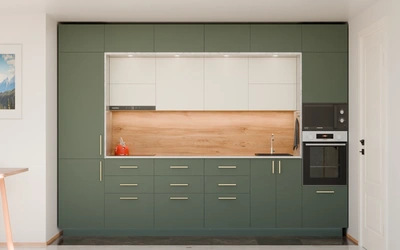 Прямая кухня «Виора» 3,5 м, фасады AGT Forest Green 3027, вид спереди