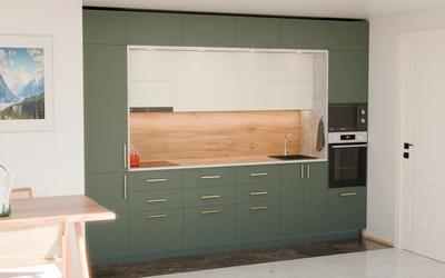 Прямая кухня «Виора» 3,5 м, фасады AGT Forest Green 3027, вид слева