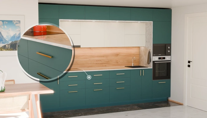 Прямая кухня «Виора» 3,5 м, фасады AGT Glamorous Pacific 3029, детали фурнитуры