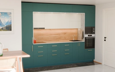 Прямая кухня «Виора» 3,5 м, фасады AGT Glamorous Pacific 3029, вид слева