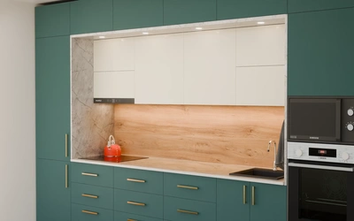 Прямая кухня «Виора» 3,5 м, фасады AGT Glamorous Pacific 3029, вид справа