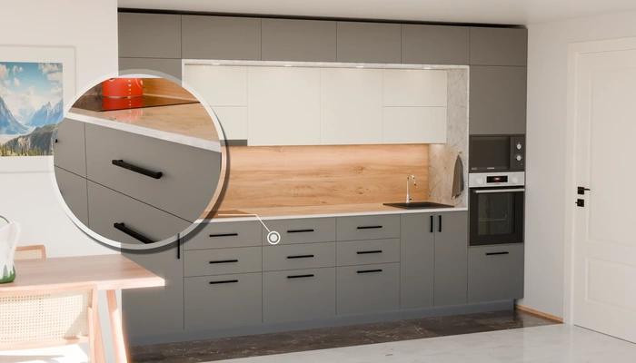 Прямая кухня «Виора» 3,5 м, фасады AGT Royal Grey 3022, детали фурнитуры