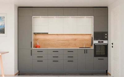 Прямая кухня «Виора» 3,5 м, фасады AGT Royal Grey 3022, вид спереди