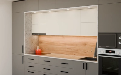 Прямая кухня «Виора» 3,5 м, фасады AGT Royal Grey 3022, вид справа