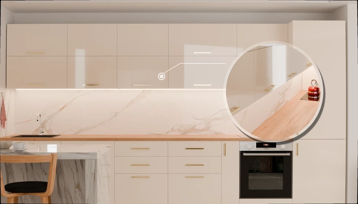 Прямая кухня «Виен» 3,9 м, фасады AGT HG Cream 605, детали фурнитуры