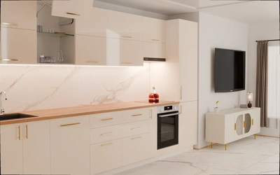 Прямая кухня «Виен» 3,9 м, фасады AGT HG Cream 605, вид слева