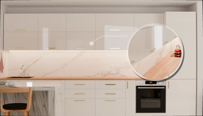 Прямая кухня «Виен» 3,9 м, фасады AGT HG White 601, детали фурнитуры