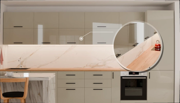 Прямая кухня «Виен» 3,9 м, фасады AGT HG Trend Gray 6020, детали фурнитуры